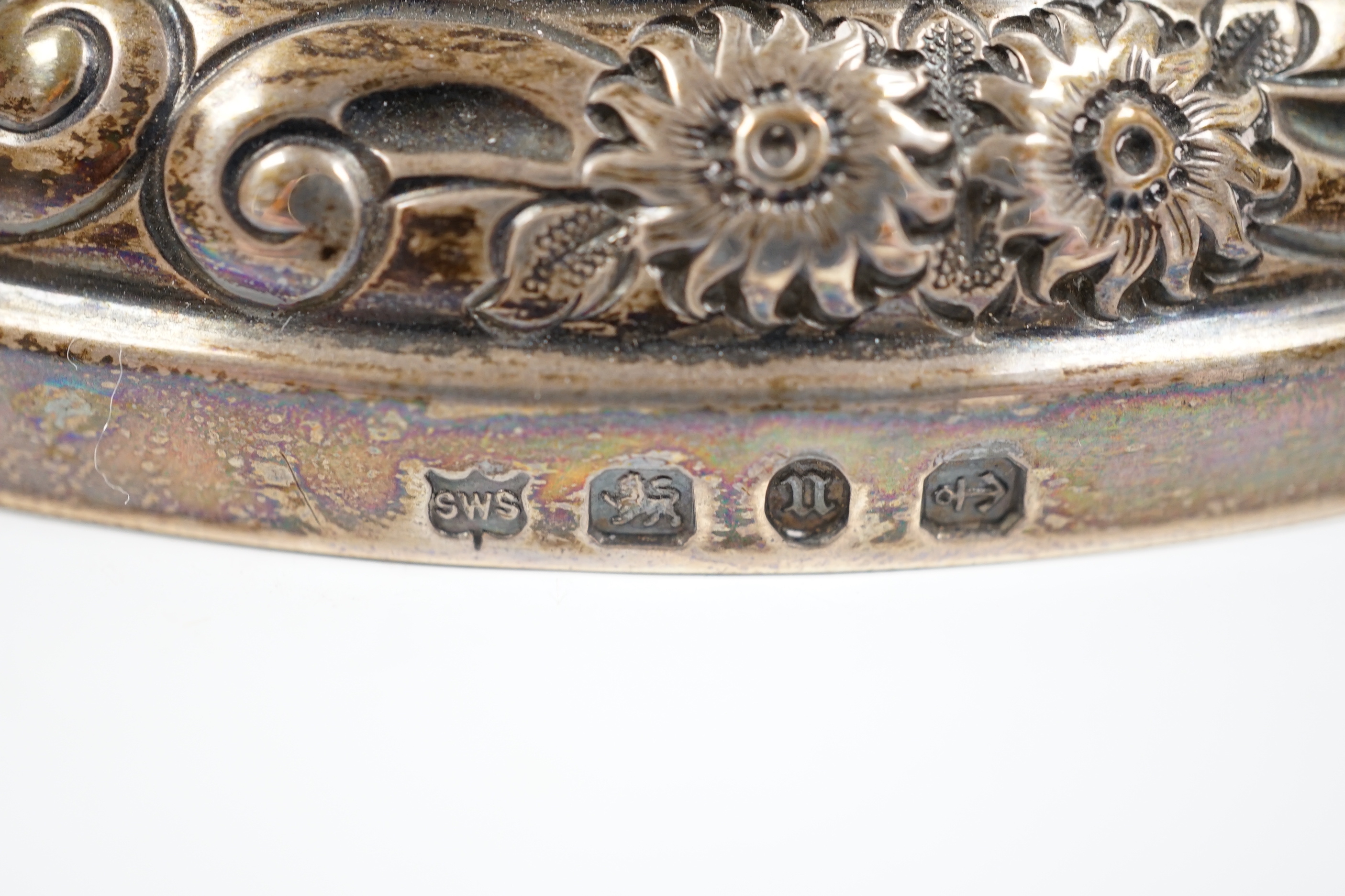 A late Victorian pierced silver mounted table bell, Samuel Walton Smith, Birmingham, 1894, base diameter 13.2cm.